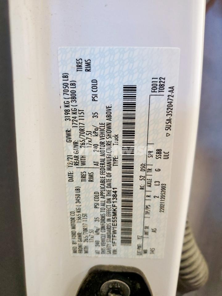 Photo 12 of 2021 FORD F150 SUPERCREW (VIN 1FTFW1E55MKF13841)