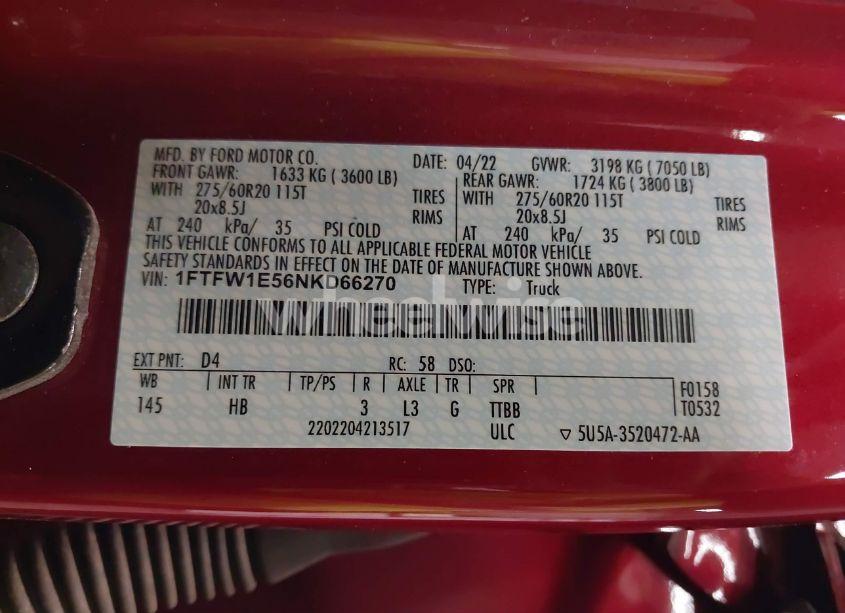 Photo 9 of 2022 Ford F-150 LARIAT (VIN 1FTFW1E56NKD66270)