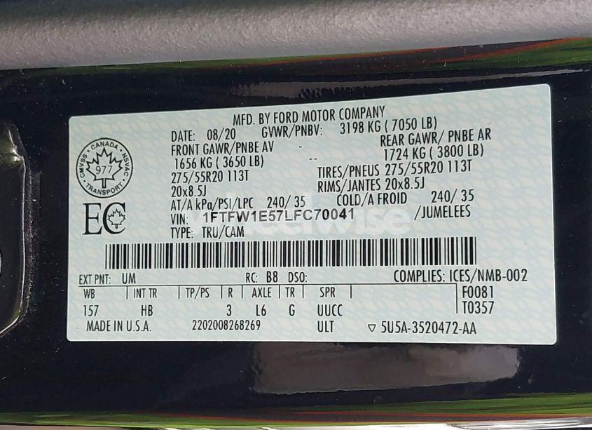 Photo 9 of 2020 Ford F-150 LARIAT (VIN 1FTFW1E57LFC70041)