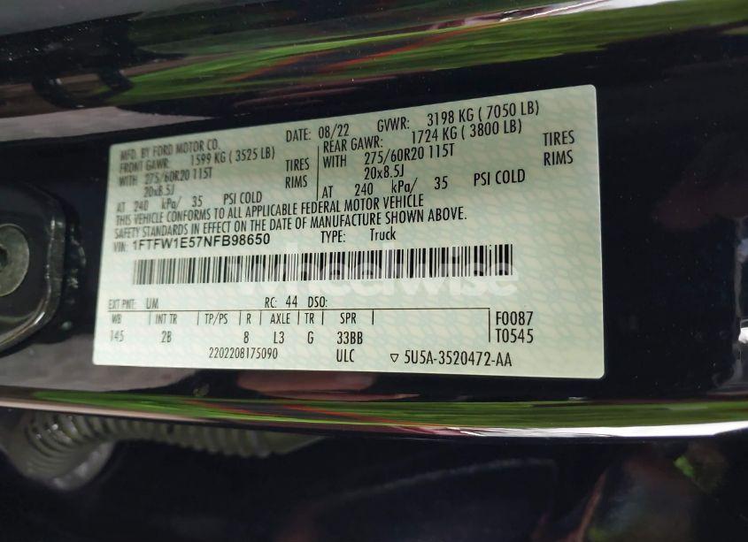 Photo 9 of 2022 Ford F-150 LARIAT (VIN 1FTFW1E57NFB98650)