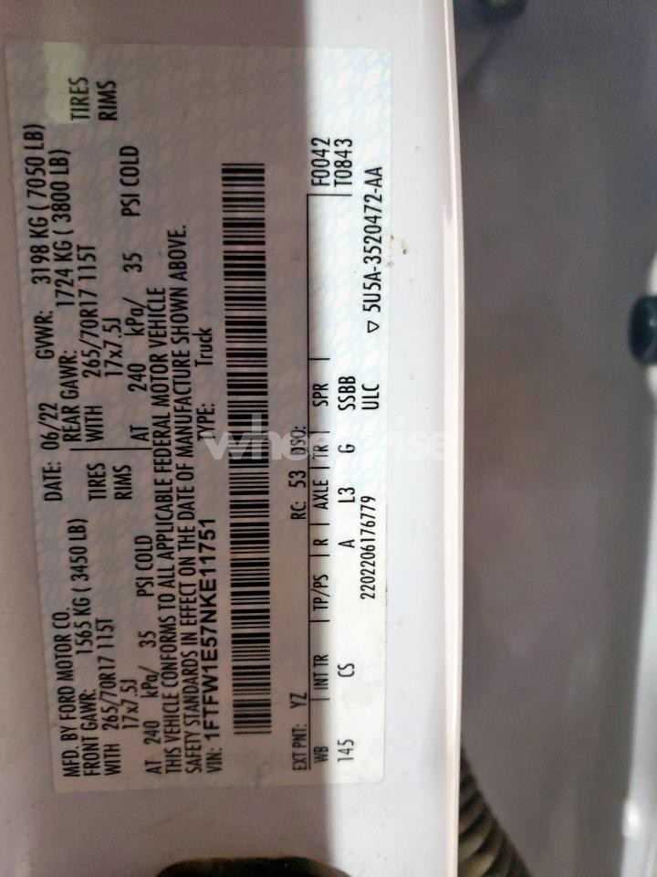 Photo 12 of 2022 FORD F150 SUPERCREW (VIN 1FTFW1E57NKE11751)