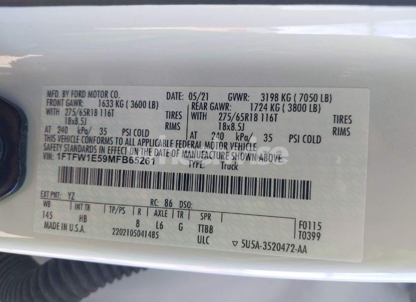 Photo 9 of 2021 Ford F-150 LARIAT (VIN 1FTFW1E59MFB65261)
