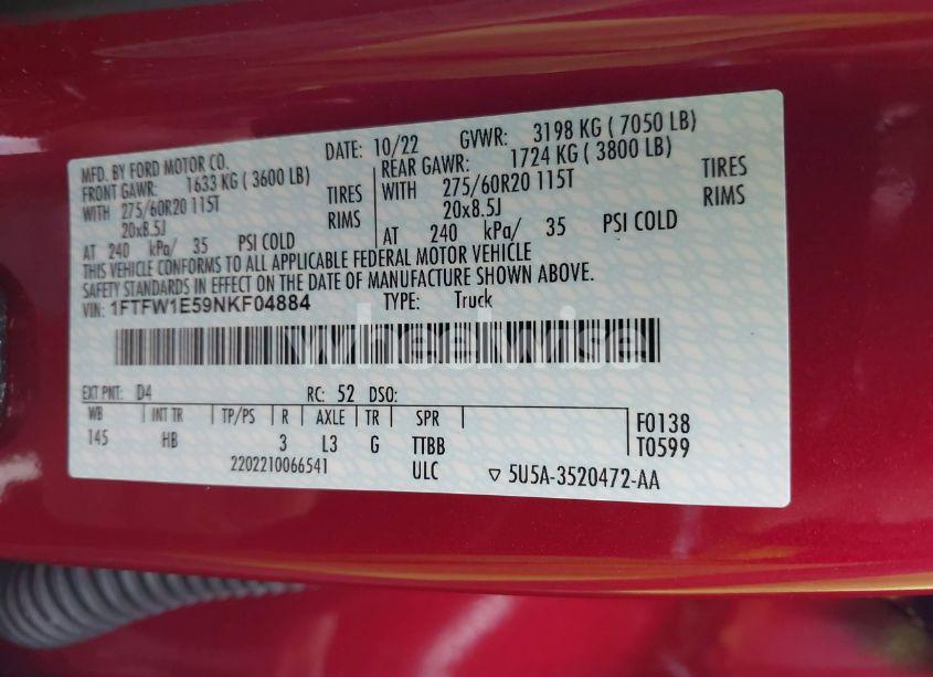 Photo 9 of 2022 Ford F-150 LARIAT (VIN 1FTFW1E59NKF04884)