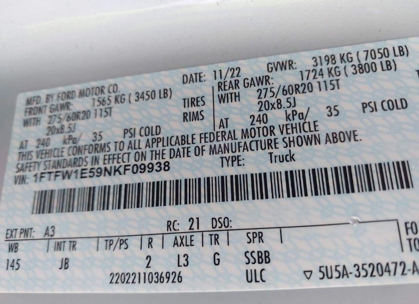 Photo 9 of 2022 Ford F-150 XL (VIN 1FTFW1E59NKF09938)