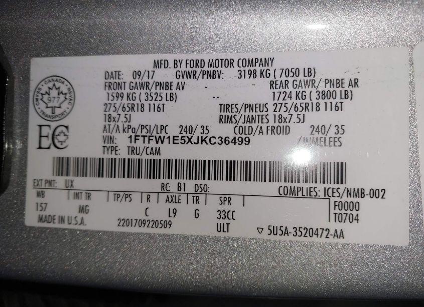 Photo 9 of 2018 Ford F-150 XLT (VIN 1FTFW1E5XJKC36499)