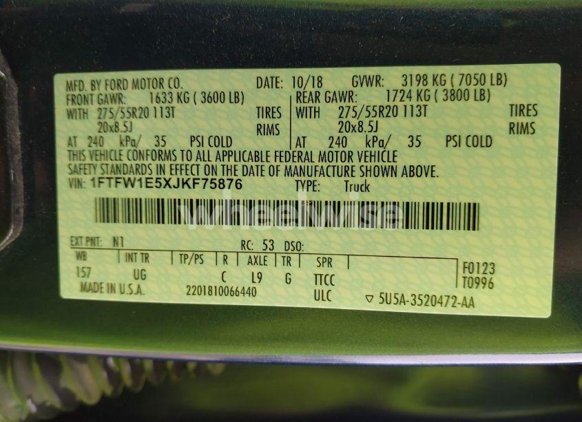 Photo 9 of 2018 Ford F-150 XLT (VIN 1FTFW1E5XJKF75876)