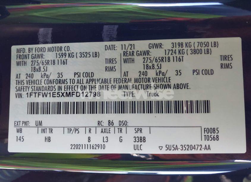 Photo 9 of 2021 Ford F-150 LARIAT (VIN 1FTFW1E5XMFD12798)