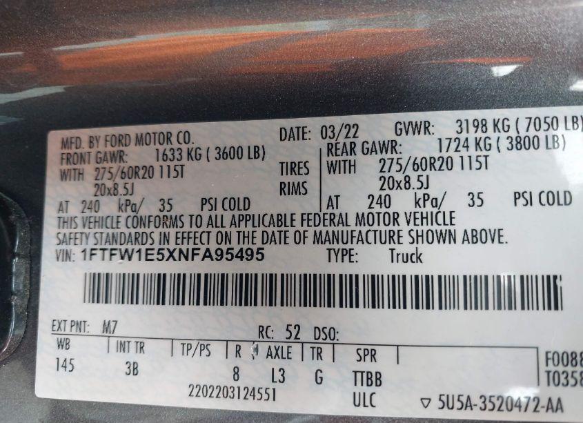 Photo 9 of 2022 Ford F-150 PLATINUM (VIN 1FTFW1E5XNFA95495)