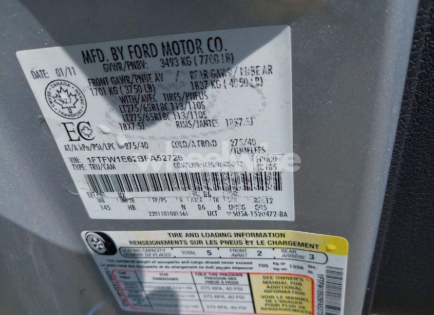 Photo 9 of 2011 Ford F-150 LARIAT (VIN 1FTFW1E62BFA52726)