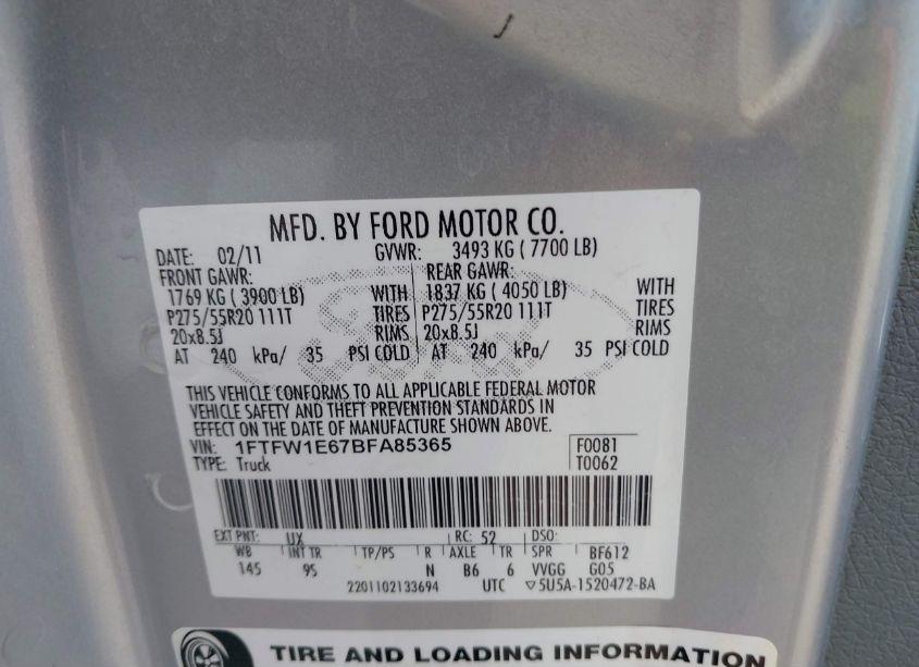 Photo 9 of 2011 Ford F-150 PLATINUM (VIN 1FTFW1E67BFA85365)