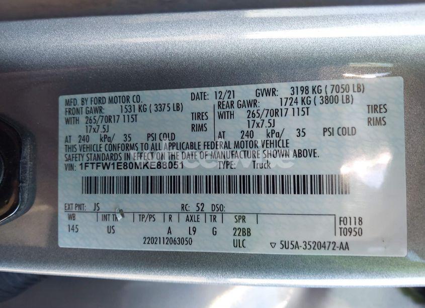 Photo 9 of 2021 Ford F-150 XLT (VIN 1FTFW1E80MKE88051)