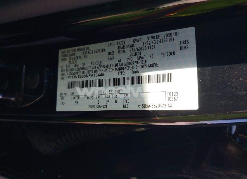 Photo 9 of 2022 Ford F-150 PLATINUM (VIN 1FTFW1E80NFA13445)