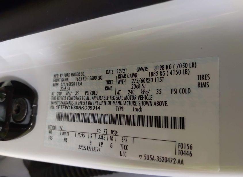 Photo 9 of 2022 Ford F-150 LARIAT (VIN 1FTFW1E80NKD09914)