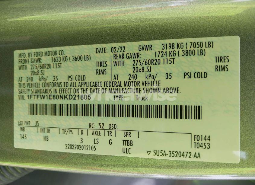 Photo 9 of 2022 Ford F-150 LARIAT (VIN 1FTFW1E80NKD21805)