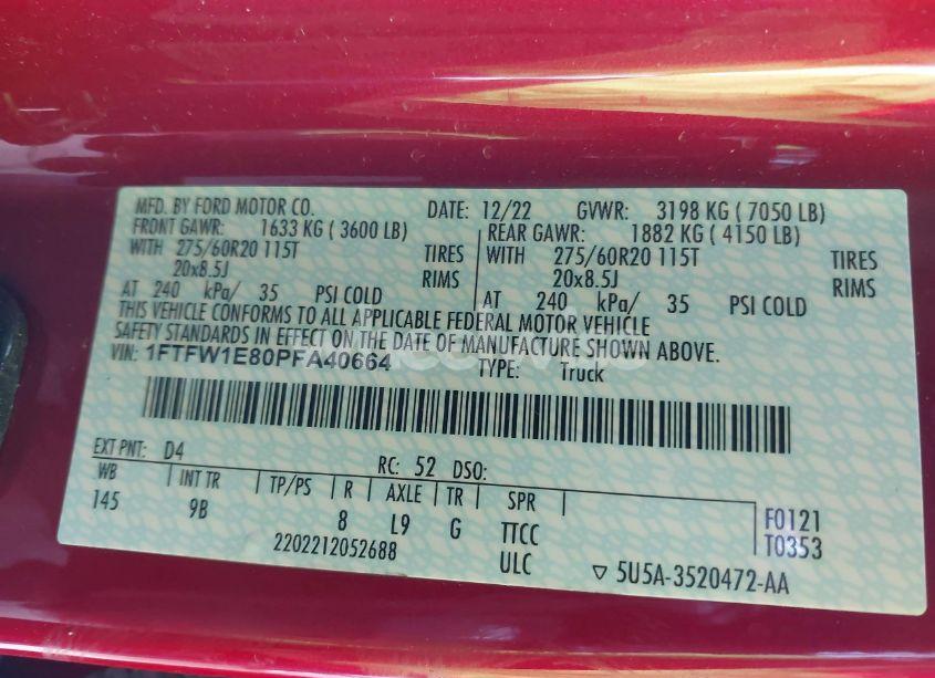 Photo 9 of 2023 Ford F-150 PLATINUM (VIN 1FTFW1E80PFA40664)