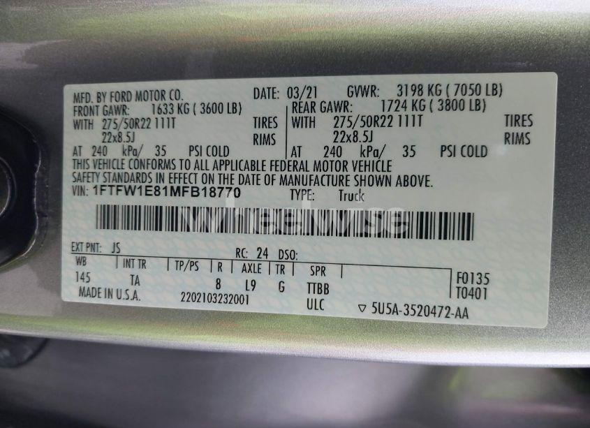 Photo 9 of 2021 Ford F-150 LIMITED (VIN 1FTFW1E81MFB18770)