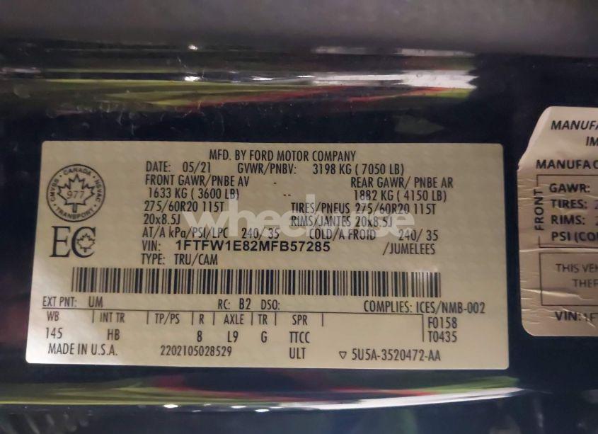 Photo 9 of 2021 Ford F-150 LARIAT (VIN 1FTFW1E82MFB57285)