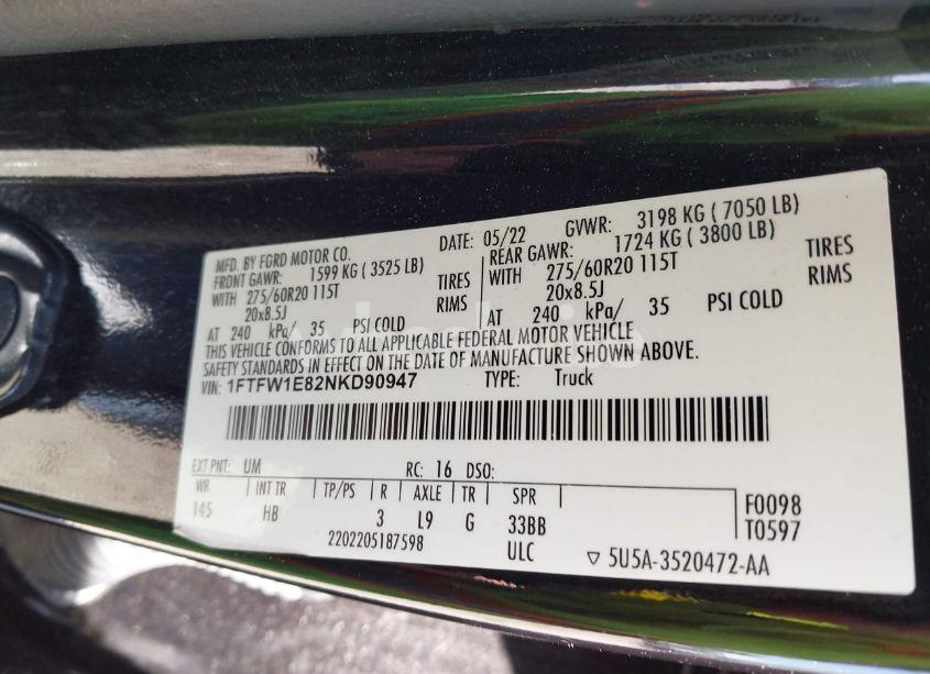 Photo 9 of 2022 Ford F-150 LARIAT (VIN 1FTFW1E82NKD90947)