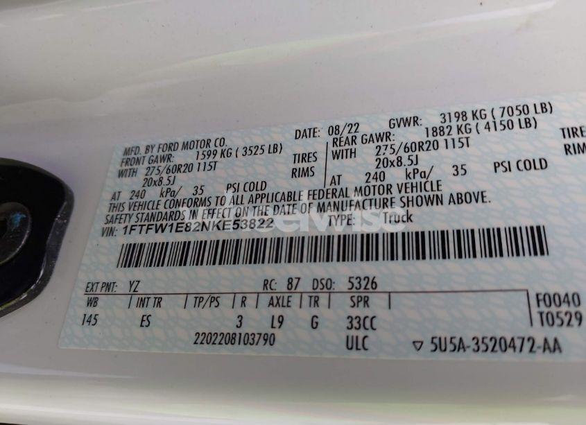 Photo 9 of 2022 Ford F-150 LARIAT (VIN 1FTFW1E82NKE53822)