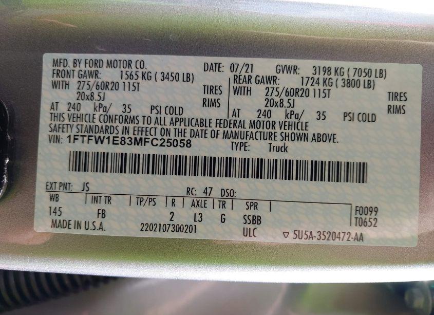 Photo 9 of 2021 Ford F-150 XLT (VIN 1FTFW1E83MFC25058)