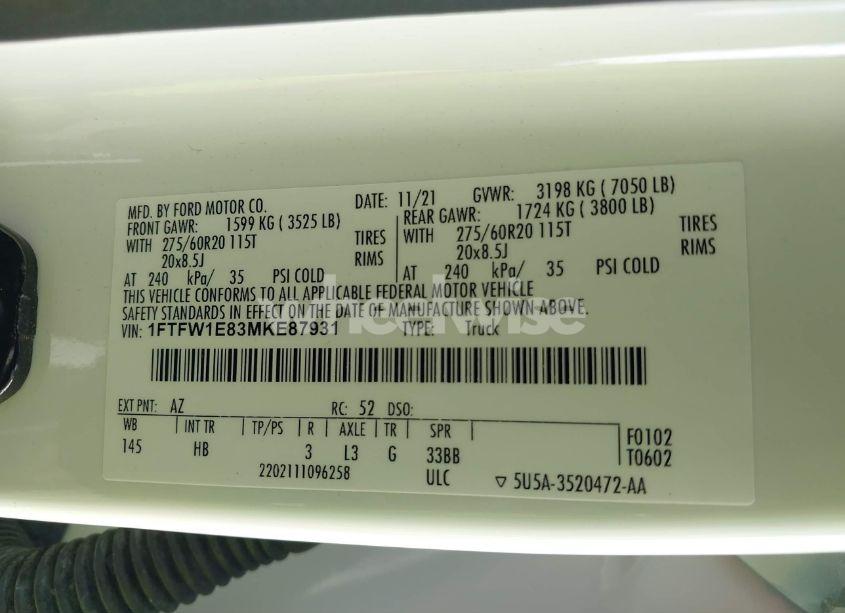 Photo 9 of 2021 Ford F-150 LARIAT (VIN 1FTFW1E83MKE87931)