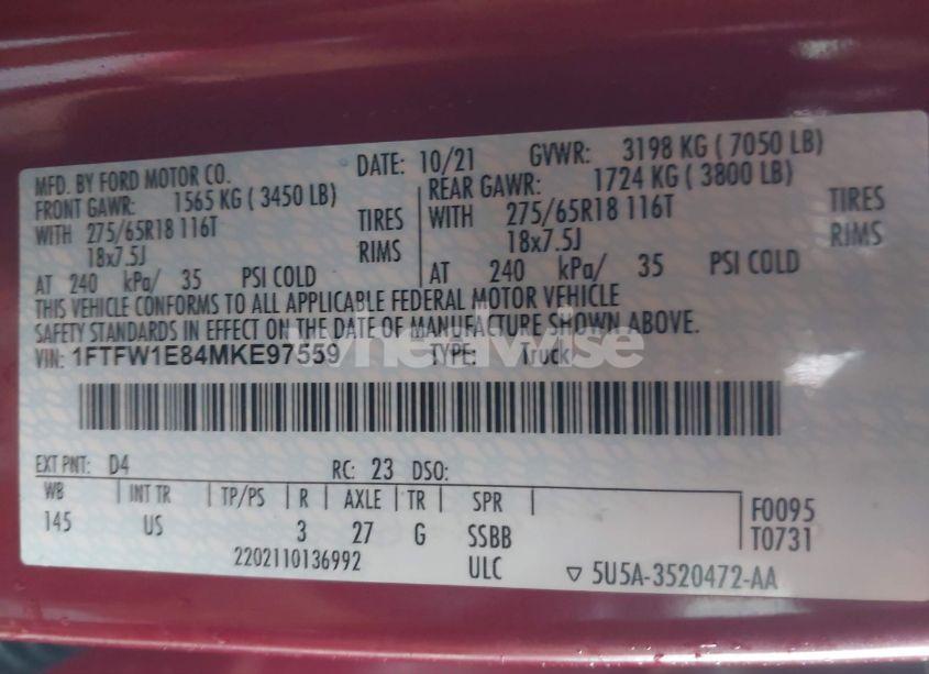 Photo 9 of 2021 Ford F-150 XLT (VIN 1FTFW1E84MKE97559)