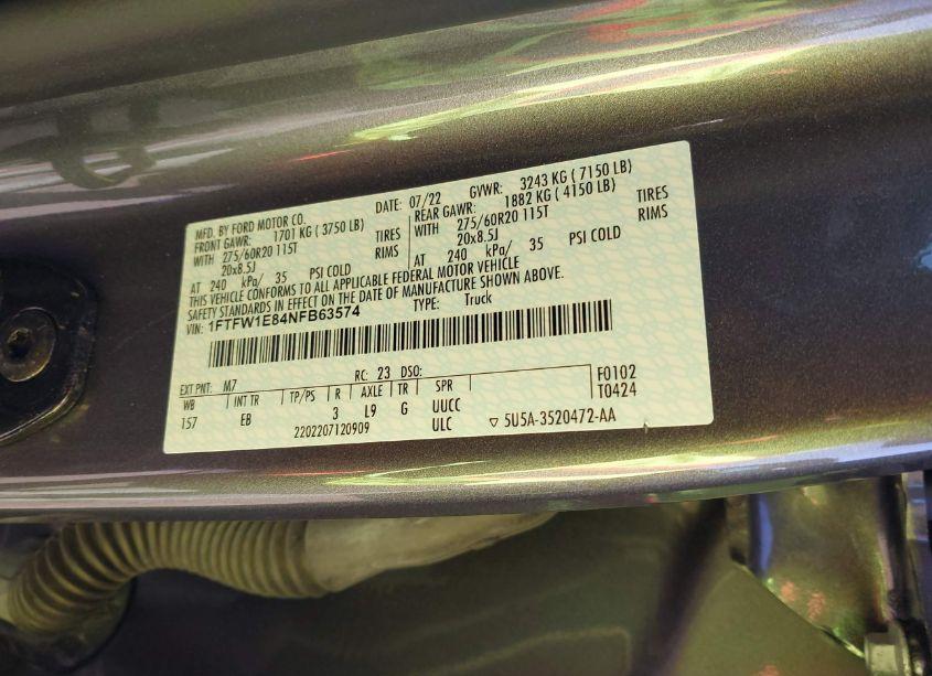 Photo 9 of 2022 Ford F-150 LARIAT (VIN 1FTFW1E84NFB63574)