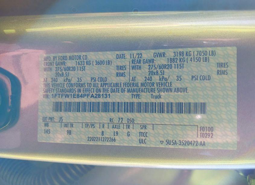 Photo 9 of 2023 Ford F-150 PLATINUM (VIN 1FTFW1E84PFA28131)