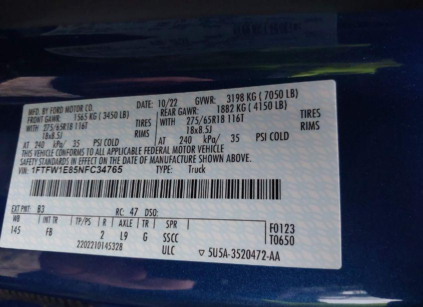 Photo 9 of 2022 Ford F-150 XLT (VIN 1FTFW1E85NFC34765)