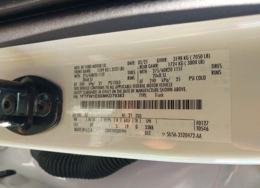 Photo 9 of 2021 Ford F-150 LARIAT (VIN 1FTFW1E86MKD79383)