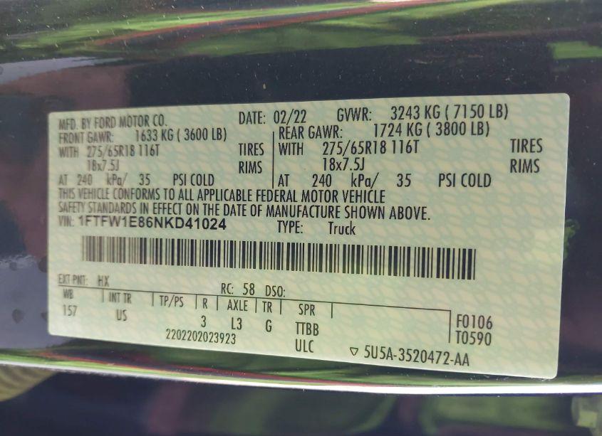 Photo 9 of 2022 Ford F-150 XLT (VIN 1FTFW1E86NKD41024)