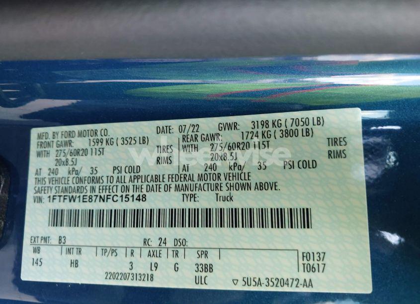 Photo 9 of 2022 Ford F-150 LARIAT (VIN 1FTFW1E87NFC15148)