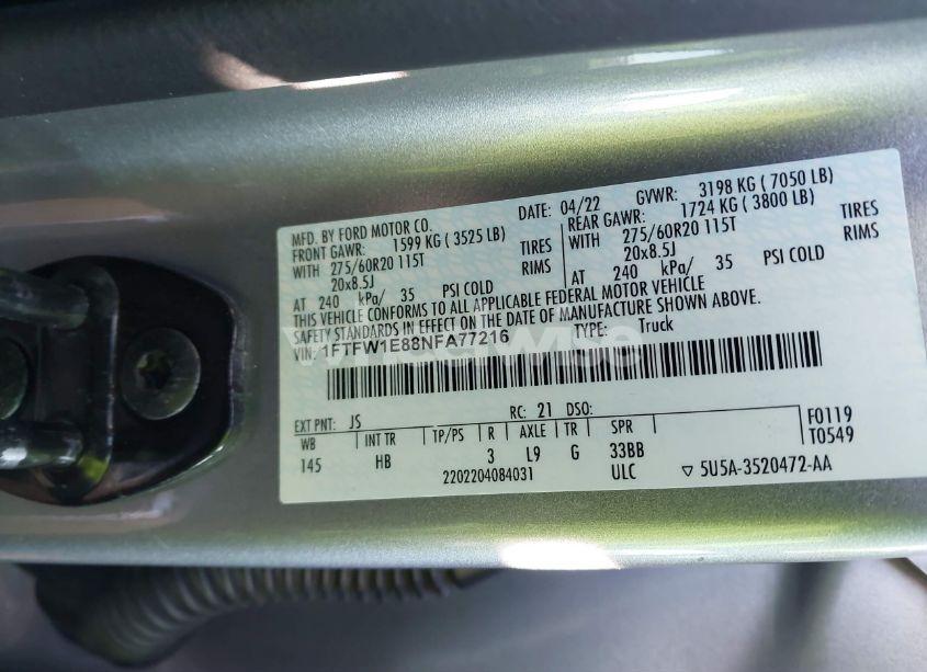 Photo 9 of 2022 Ford F-150 LARIAT (VIN 1FTFW1E88NFA77216)