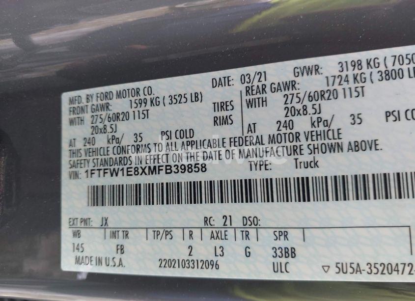 Photo 9 of 2021 Ford F-150 XLT (VIN 1FTFW1E8XMFB39858)