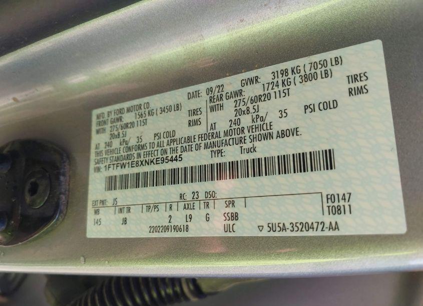 Photo 9 of 2022 Ford F-150 XL (VIN 1FTFW1E8XNKE95445)