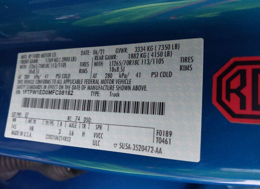 Photo 9 of 2021 Ford F-150 LARIAT (VIN 1FTFW1ED0MFC08182)