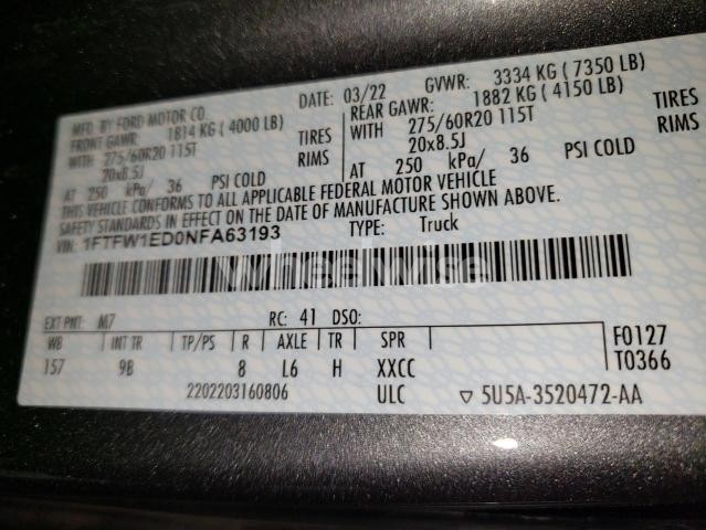 Photo 12 of 2022 FORD F150 SUPERCREW (VIN 1FTFW1ED0NFA63193)