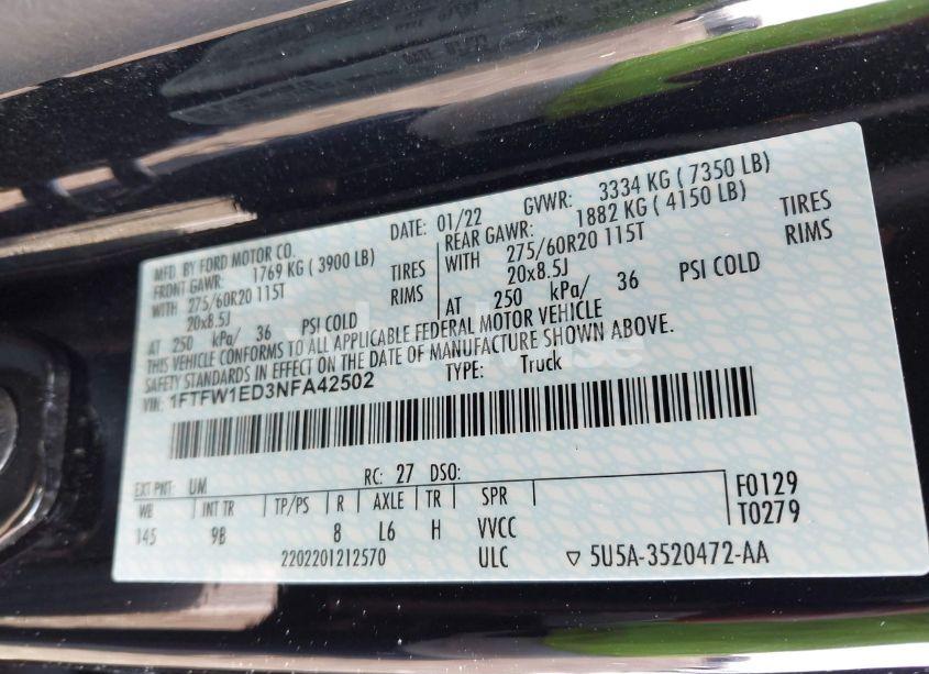 Photo 9 of 2022 Ford F-150 PLATINUM (VIN 1FTFW1ED3NFA42502)