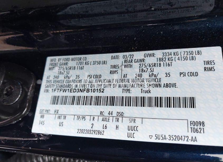 Photo 9 of 2022 Ford F-150 XLT (VIN 1FTFW1ED3NFB10152)