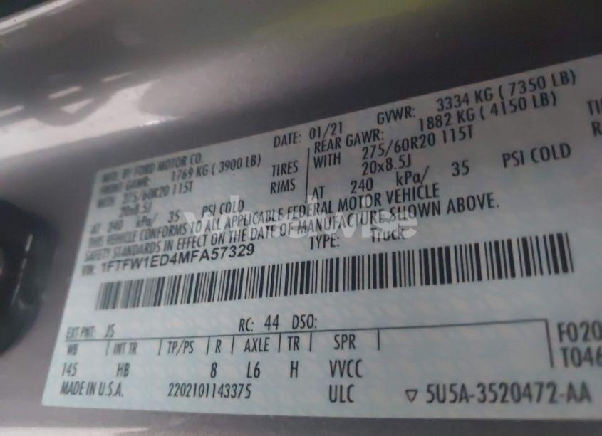 Photo 9 of 2021 Ford F-150 LARIAT (VIN 1FTFW1ED4MFA57329)