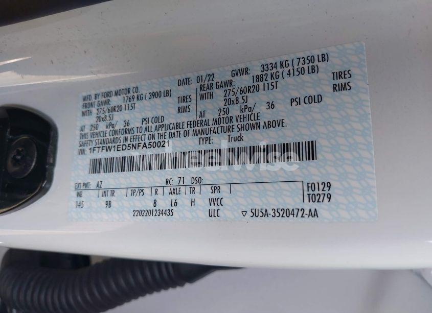 Photo 9 of 2022 Ford F-150 PLATINUM (VIN 1FTFW1ED5NFA50021)