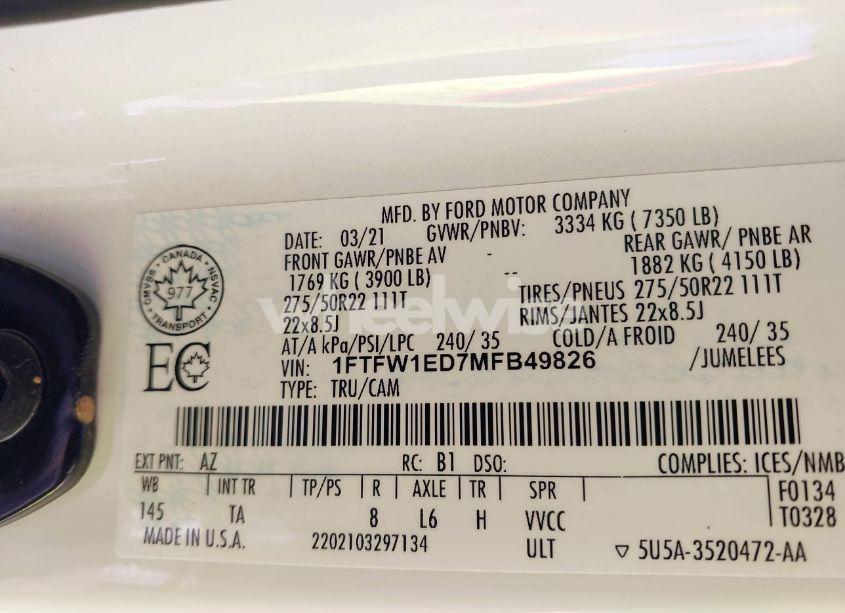 Photo 9 of 2021 Ford F-150 LIMITED (VIN 1FTFW1ED7MFB49826)