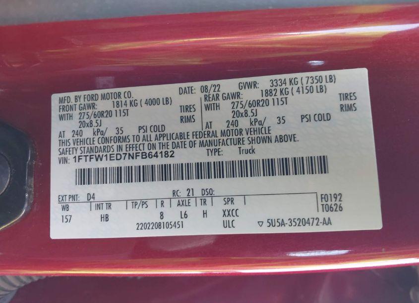 Photo 9 of 2022 Ford F-150 LARIAT (VIN 1FTFW1ED7NFB64182)