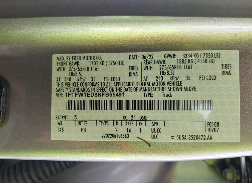 Photo 9 of 2022 Ford F-150 LARIAT (VIN 1FTFW1ED8NFB55491)