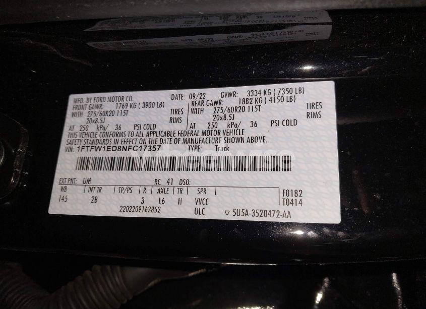 Photo 9 of 2022 Ford F-150 LARIAT (VIN 1FTFW1ED8NFC17357)