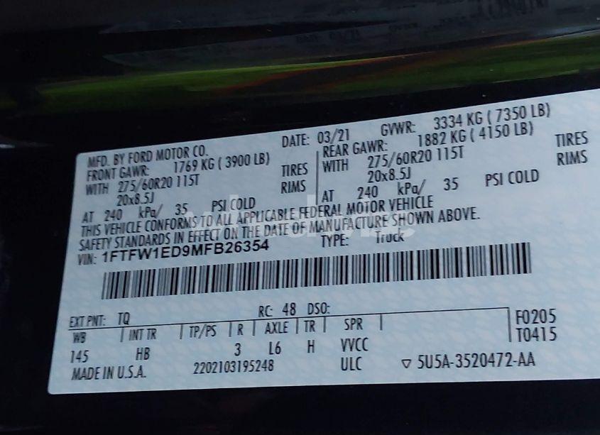 Photo 9 of 2021 Ford F-150 LARIAT (VIN 1FTFW1ED9MFB26354)