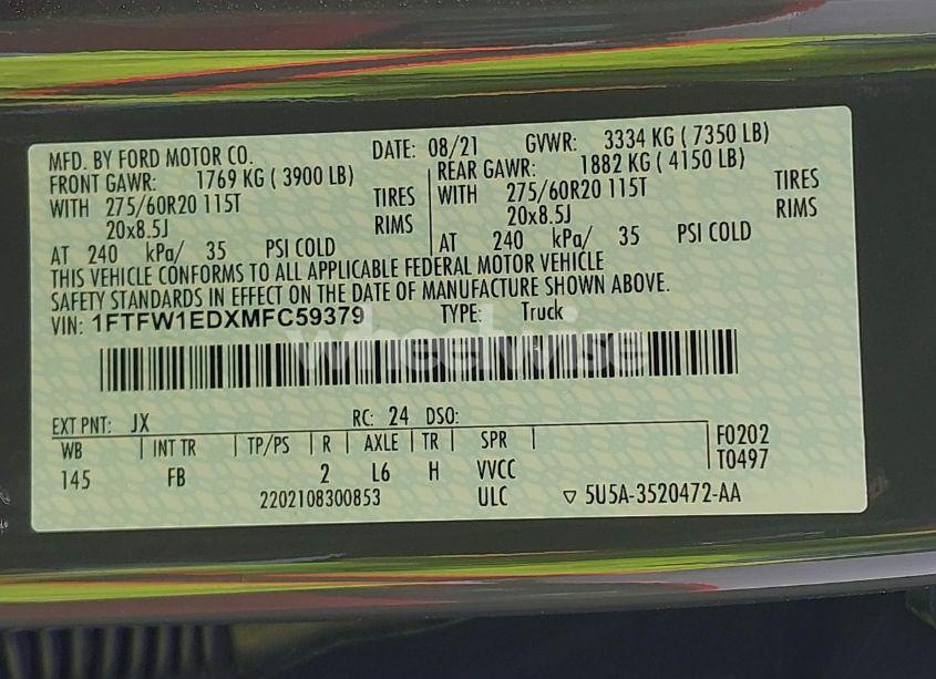 Photo 9 of 2021 Ford F-150 XLT (VIN 1FTFW1EDXMFC59379)