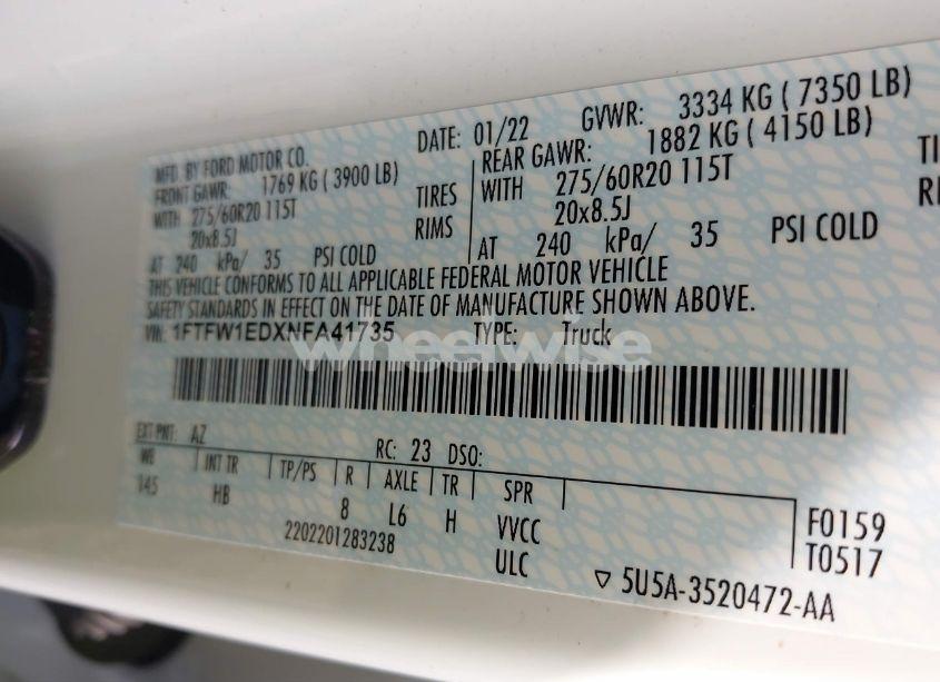 Photo 9 of 2022 Ford F-150 LARIAT (VIN 1FTFW1EDXNFA41735)