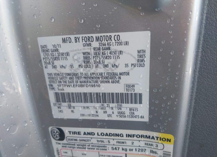 Photo 9 of 2011 Ford F-150 PLATINUM (VIN 1FTFW1EF0BFD19510)