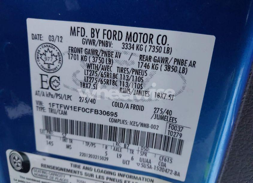 Photo 9 of 2012 Ford F-150 XLT (VIN 1FTFW1EF0CFB30695)